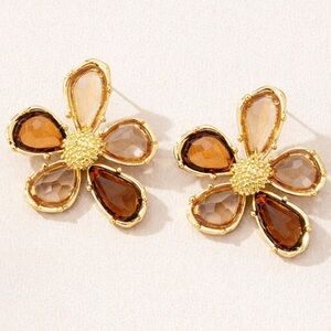 Gold Flower Drop Earrings with Brown and Cream Petals